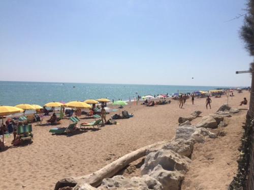 a beach with umbrellas and people on the beach at Camping La Pineta in Porto Recanati