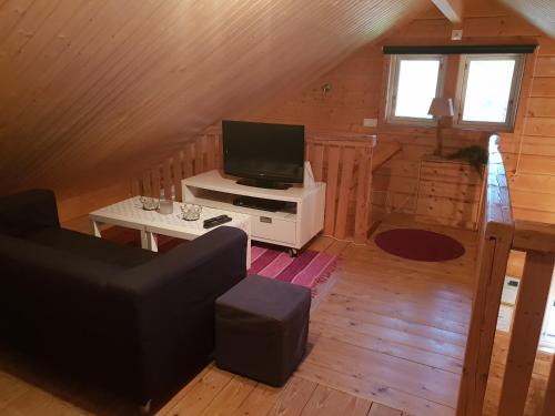 a living room with a couch and a tv in a cabin at Örnatorpet Ullared in Ullared