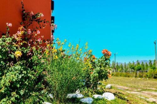 a garden with flowers and rocks next to a building at Cabañas Morita Mia in San Rafael