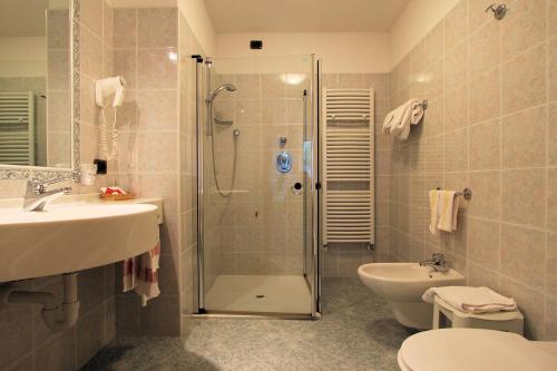 a bathroom with a shower and a toilet and a sink at Hotel Al Lago in Soraga