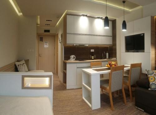 a kitchen and living room with a table and chairs at Apartment Dream Konaci in Kopaonik