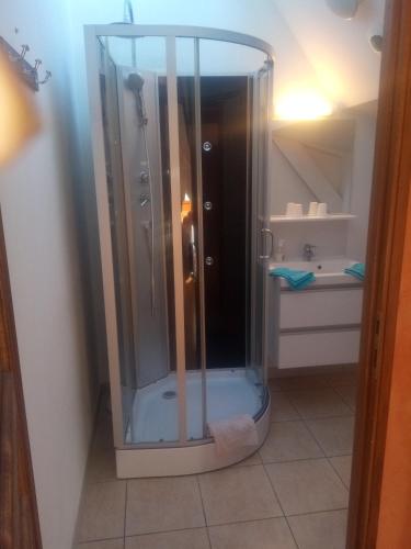 une douche avec une cabine en verre dans une salle de bain dans l'établissement Chambres d'Hôtes La Ferme du Bout de la Ville, à Criquebeuf-en-Caux