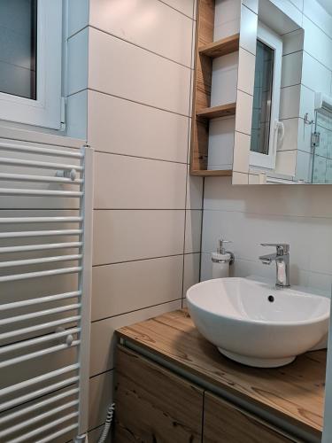a bathroom with a white sink and a mirror at Hiša Katja-Privat wellness in Kranjska Gora