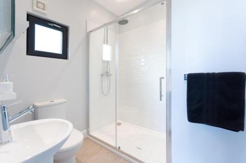 a bathroom with a shower and a toilet and a sink at The View at Moneylands in Arklow
