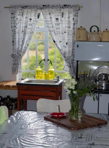 a kitchen with a table with a vase of flowers at Kromrivier Farm Stays & B&B Near Addo Elephant Park in Paterson