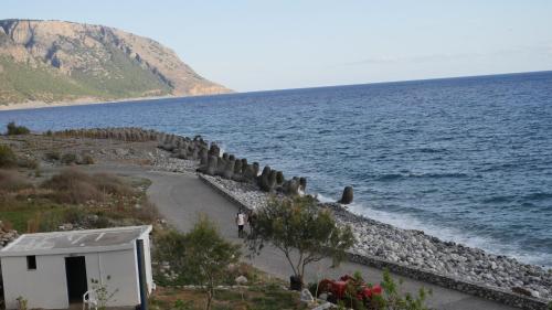 a person walking on a beach next to the water at Zorbas Studios in Agia Roumeli