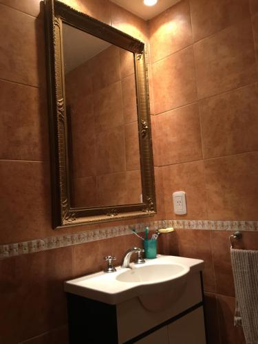 a bathroom with a sink and a mirror at Santa Teresita en el monte in Santa Teresita