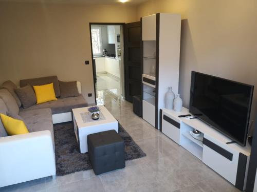 a living room with a couch and a flat screen tv at Park Apartment 216 in Strzelce Opolskie