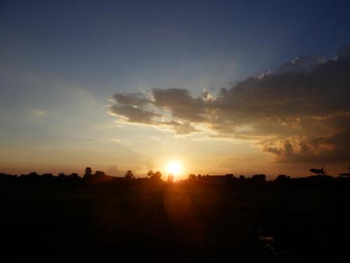 a sunset in a field with the sun in the sky at Senamura Yoga Ashram Guesthouse in Bodh Gaya