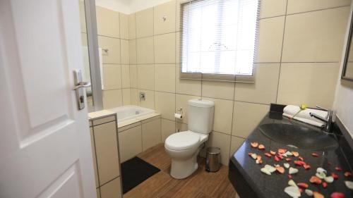 a bathroom with a toilet and a bath tub at African Rest Lodge in Barberton