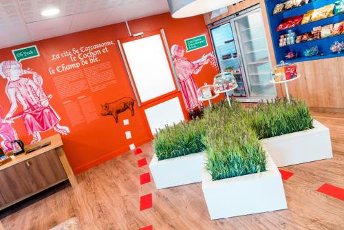 a store with three potted plants in front of a door at ibis Styles Carcassonne La Cité in Carcassonne