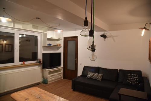 a living room with a black couch and a tv at Apartamentul Ursilor in Predeal