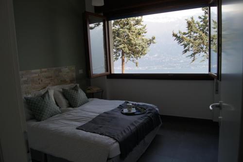 1 dormitorio con 1 cama y ventana grande en casa dei nonni 2, en Tremosine Sul Garda