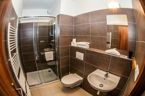 y baño con lavabo, aseo y espejo. en Luxusní horský apartmán přímo u sjezdovky Kouty, en Loučná nad Desnou