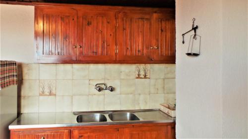 a kitchen with wooden cabinets and a sink at Marianthi Apartments in Arachova
