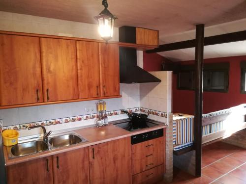 a kitchen with wooden cabinets and a sink at Fuente Del Gamellon in Buenache de la Sierra