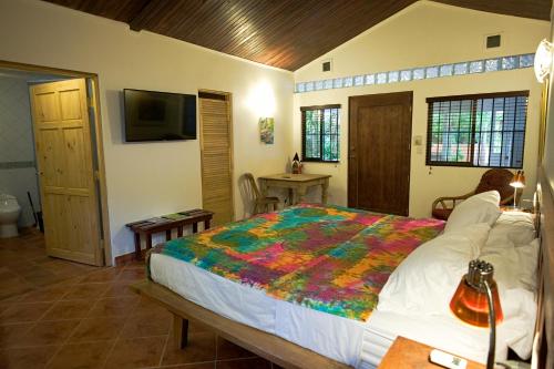 a bedroom with a large bed with a colorful quilt at Casa Smilin' Dog in Tamarindo