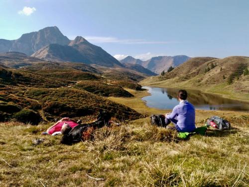 a man sitting on a hill looking out over a river at Rutarhof in Rosegg