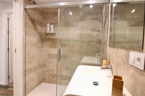 a bathroom with a glass shower and a sink at El CONSEJERO de Indias free parking by Cadiz4Rentals in Cádiz