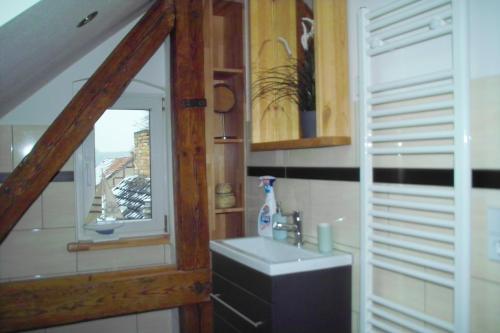 ein kleines Bad mit einem Waschbecken und einem Fenster in der Unterkunft Stiftsblick in Gernrode - Harz