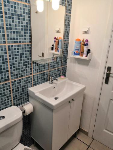 a bathroom with a sink and a toilet and a mirror at Casa Azul in Barão de São João