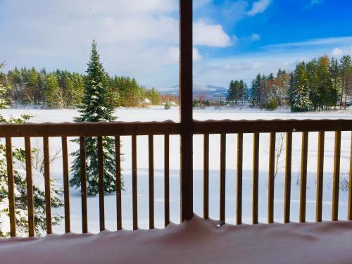 a snowy porch with a christmas tree in the snow at Domaine Gagnon in Saint Sebastien