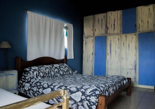 1 dormitorio con cama, paredes azules y ventana en La Obra en Tandil