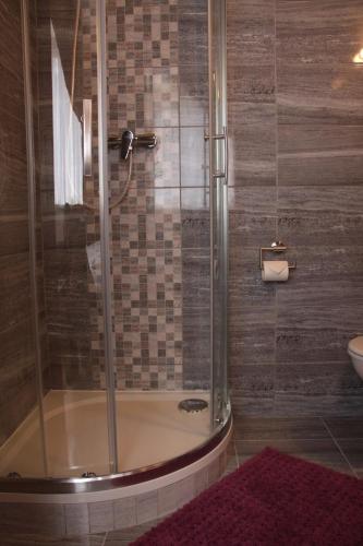 a shower with a glass door in a bathroom at Penzion u Pidly in Mariánské Lázně