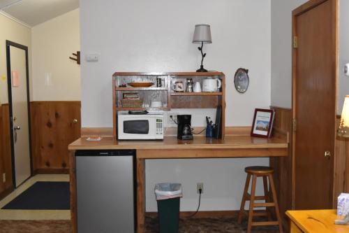 a kitchen with a counter with a microwave on it at Backwoods Lodge in Cantwell