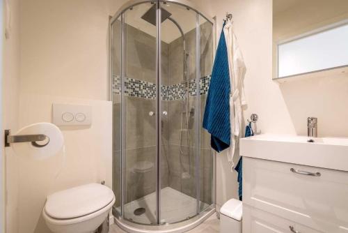 a bathroom with a shower and a toilet and a sink at Studio Brussels - Central in Zaventem