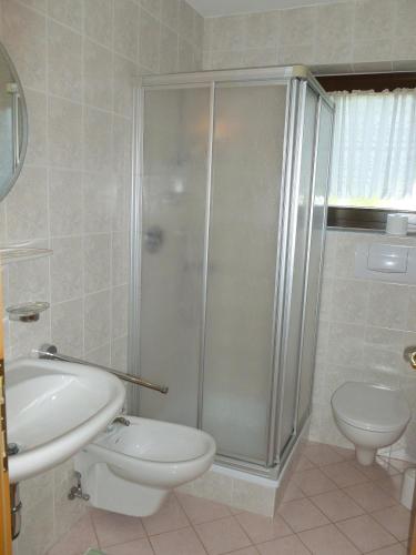 ein Badezimmer mit Dusche, Toilette und Waschbecken in der Unterkunft Residence Alpenblick in Vals