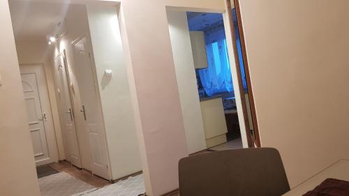 セゲドにあるAquarius Apartmanの椅子とドア付きの部屋の鏡