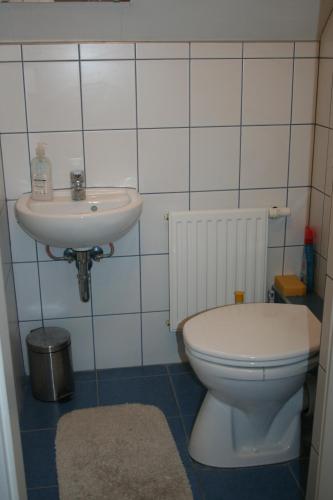 a bathroom with a toilet and a sink at Treasure Deluxe House in Miskolctapolca
