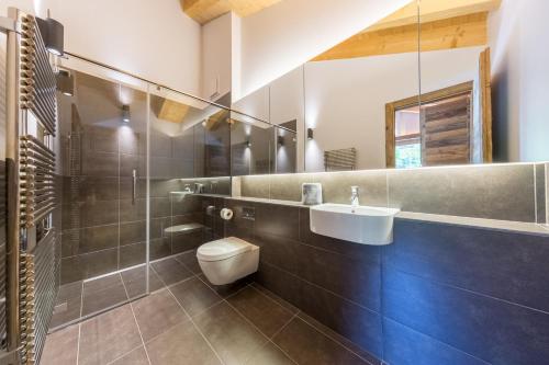 La salle de bains est pourvue d'un lavabo et de toilettes. dans l'établissement Le Grimpeur, Mer de Glace Spa Access, 50m from ski lift, à Nendaz