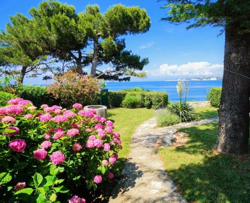 a garden with pink flowers and the ocean in the background at Villa Ana in Savudrija