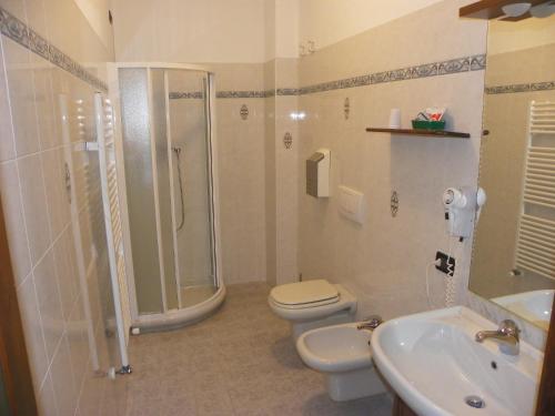 ein Bad mit einer Dusche, einem WC und einem Waschbecken in der Unterkunft Hotel Les Granges in La Thuile