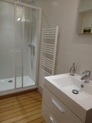 a bathroom with a white sink and a shower at Les chaumières du Chêne in Pouillé