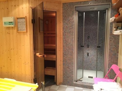 a shower with a glass door in a bathroom at Ferienwohnung Bacher Oberkumbichl 900 in Mayrhofen