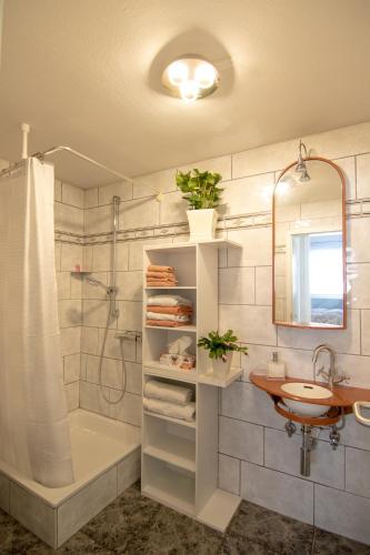 a bathroom with a shower and a sink and a tub at Ferienwohnungen Riese - Weitblick in Arnsberg