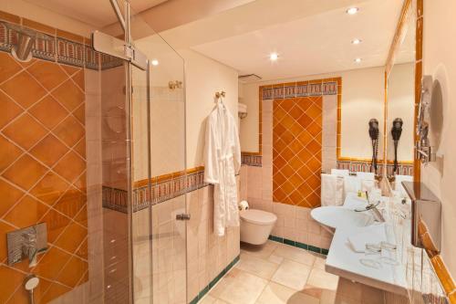 a bathroom with a shower and a sink and a toilet at Boutiquehotel La Casa in Tübingen