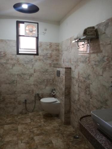 a bathroom with a toilet and a sink and a window at Hotel Dhanraj Palace in Bharatpur
