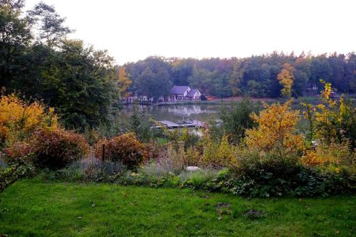 a view of a lake with a house in the background at Hotel Gut Klostermühle natur resort & medical spa in Alt Madlitz