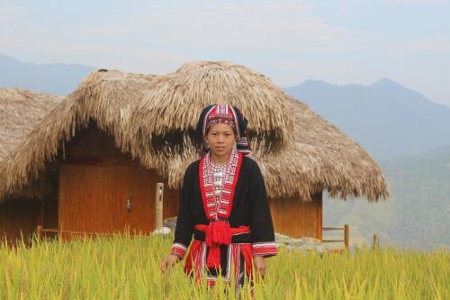 a young boy standing in front of a hut at Hoang Su Phi Lodge in Ha Giang