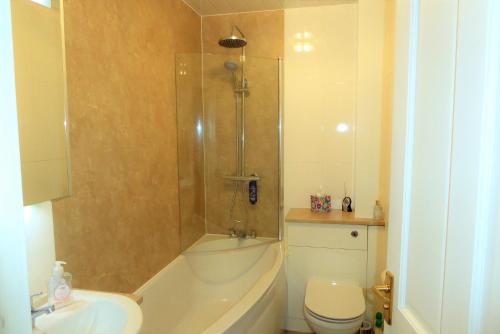 a bathroom with a shower and a toilet and a sink at Skene Terrace Apartments in Aberdeen