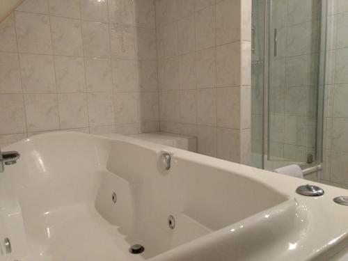Una bañera blanca en un baño con ducha. en B&B-Hotel de Joremeinshoeve, en Kaatsheuvel