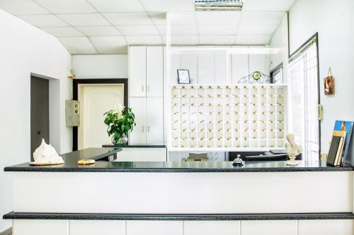 a kitchen with a sink and a counter top at Xenios Port Marina Hotel in Pefkochori