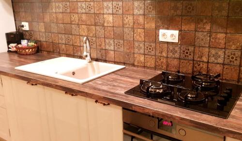 a kitchen counter with a stove and a sink at Central Apartment DumDix Brasov in Braşov