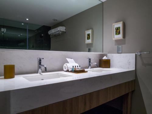 baño con 2 lavabos y espejo grande en Dominion Polanco, en Ciudad de México