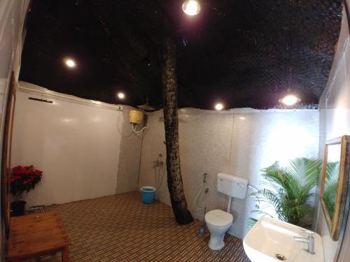 baño con árbol, aseo y lavamanos en Sealand Beach Cottages en Patnem