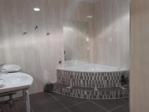 Aalwyns Guesthouse في فاندربيجلبارك: حمام مع حوض استحمام ومغسلة